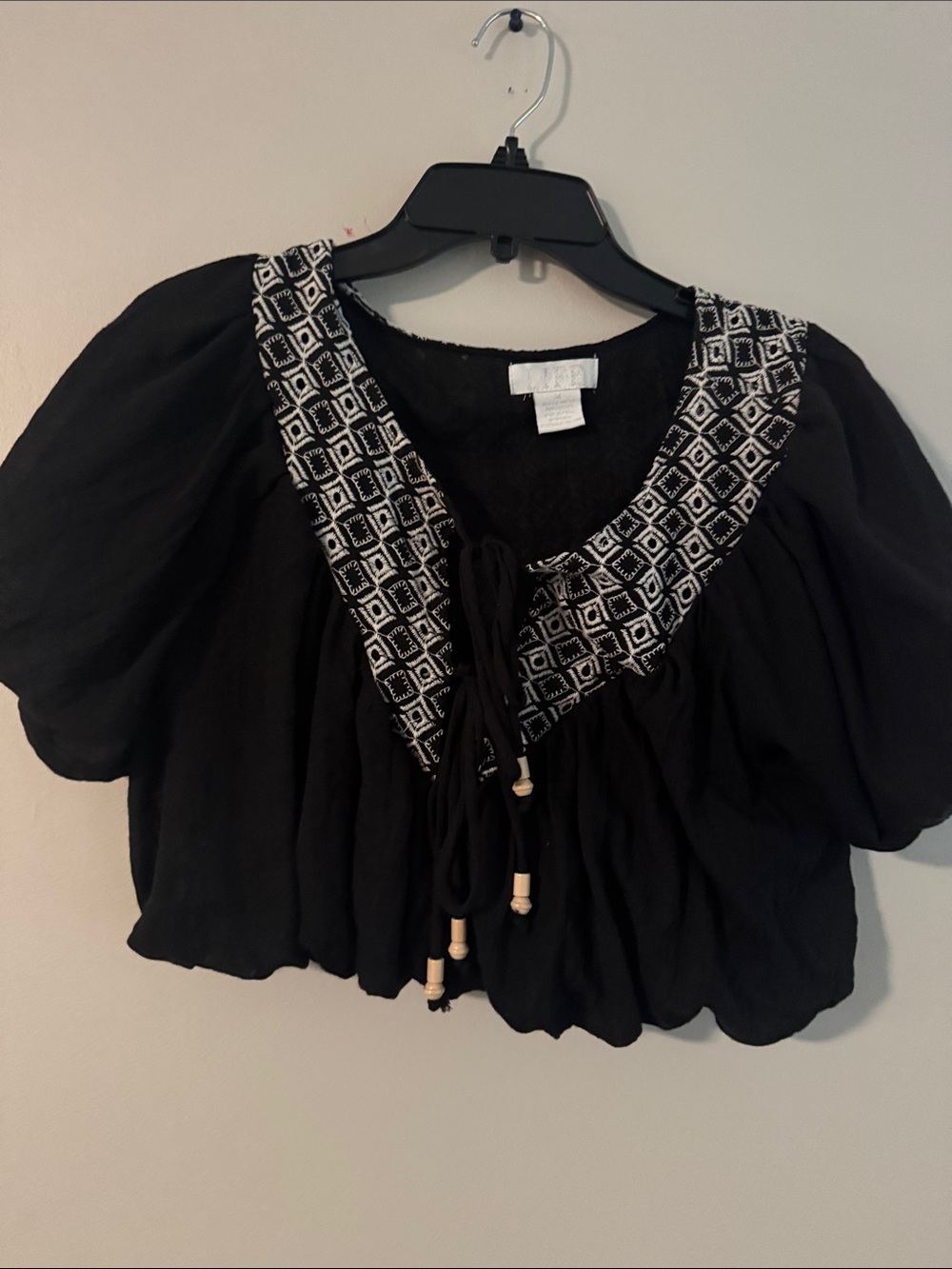 Black Embroidered Peasant Top with Tie Neck